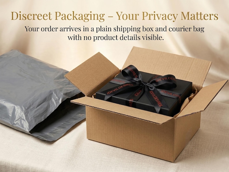 Discreet packaging shipping box protecting privacy for BDSM products, secure delivery luxury bondage accessories.