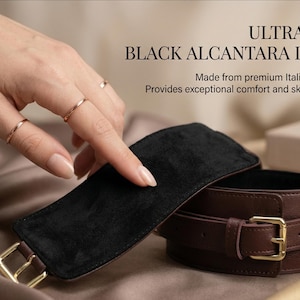 Ultra soft black alcantara lining inside leather cuffs, premium BDSM restraints designed for comfort, luxury bondage gear handmade from genuine leather.
