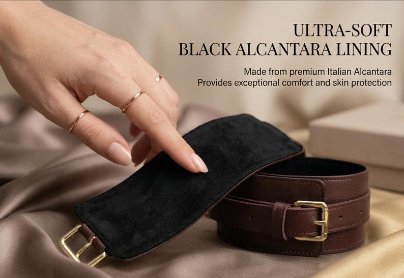Ultra soft black alcantara lining inside leather cuffs, premium BDSM restraints designed for comfort, luxury bondage gear handmade from genuine leather.