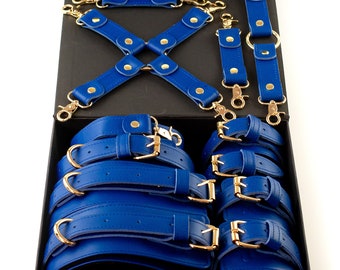 Luxury Blue BDSM Bondage Leather Set 2in1 to 5in1, Bondage Toys for Beginner and PRO
