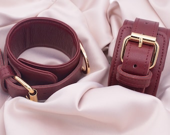 Burgundy Italian Leather Handcuffs: Adjustable Adult Bondage Cuffs