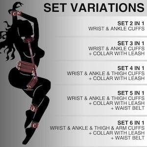 Bondage set variations showing 2 in 1, 3 in 1, 4 in 1, 5 in 1 and 6 in 1 luxury leather restraint sets for couples.