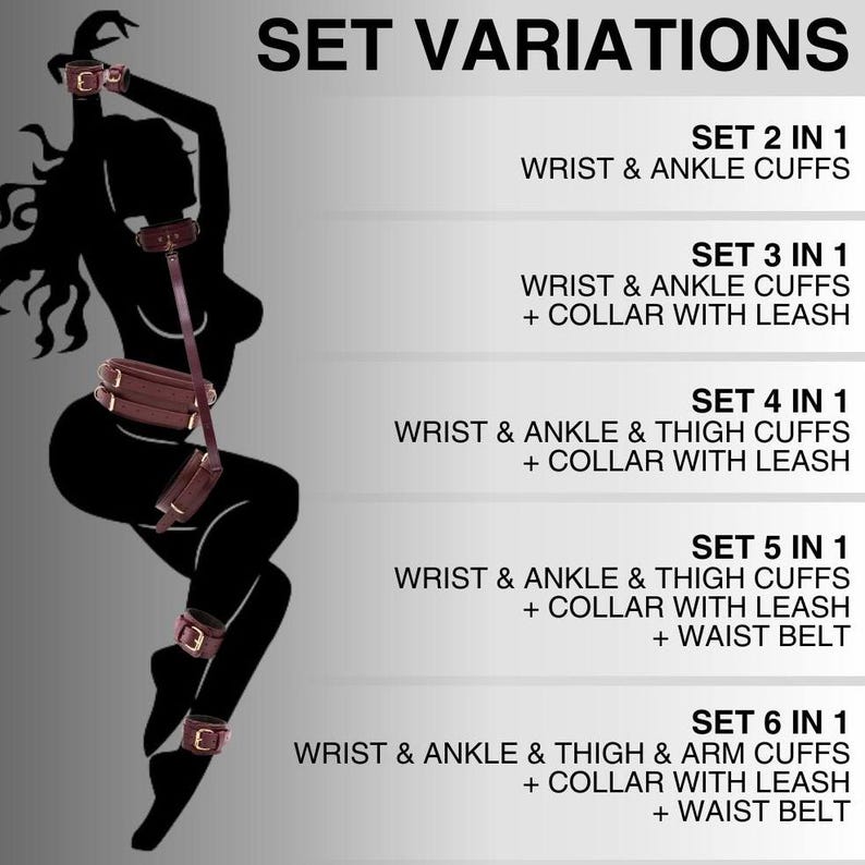 Bondage set variations showing 2 in 1, 3 in 1, 4 in 1, 5 in 1 and 6 in 1 luxury leather restraint sets for couples.