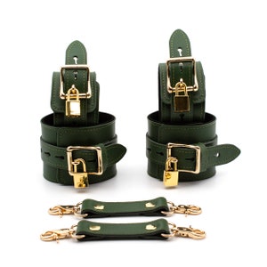 Lockable Leather Handcuffs Ankle Cuffs, Thigh Cuffs and Collar with Leash, Anniversary gift