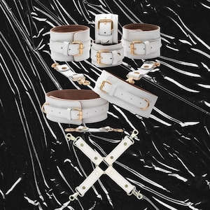 White Restraints Set 3in1, Fetidh Kit Includes Handcuffs Thigh Cuffs and X-Hogtie