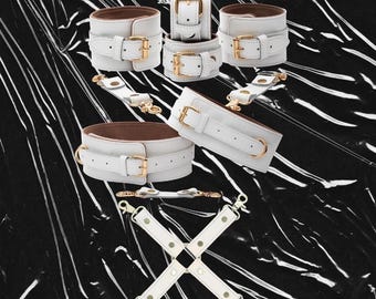 White Restraints Set 3in1, Fetidh Kit Includes Handcuffs Thigh Cuffs and X-Hogtie