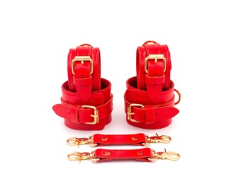 Red Bondage Set with Wrist and Ankle Cuffs, Leather Submissive Restraints, gear kit