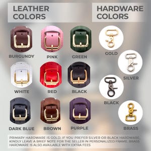 Leather color options and hardware variations including burgundy, red, black, pink and gold or silver hardware BDSM accessories.