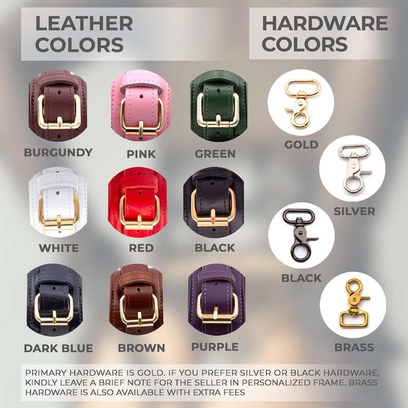 Leather color options and hardware variations including burgundy, red, black, pink and gold or silver hardware BDSM accessories.