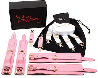 Pink Bed Restraint Straps Set, Cuffs, Hogties, Anniversary Gift