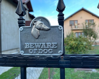 Beware Whippet dog plate,Beware of the dog sign,Whippet  dog full metal cast plate for gate,Beware of Dog fence & wall plaques,Whippet lover