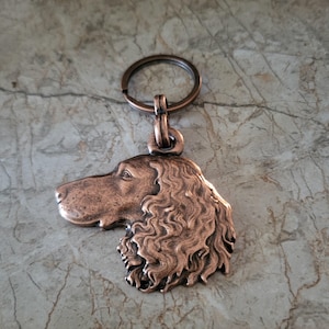 Könnte beinhalten: Ein kupferfarbener Metall-Schlüsselanhänger mit einem detaillierten Profil eines Hundekopfes. Der Hund hat langes, welliges Fell und eine ausgeprägte Schnauze. Der Schlüsselanhänger hat einen runden Ring.