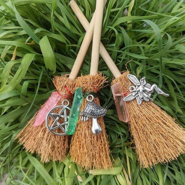 Cute Mini Besoms - with asst crystals, stones, charms - witchy miniature brooms - assorted pendants available - hangable ornament