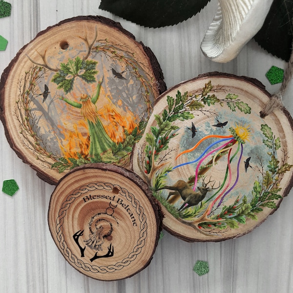 Beltaine ornaments/magnets - witchy rustic wood slice decorations - May Day/Beltane