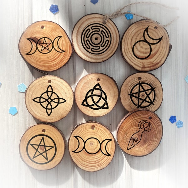 Witchy symbols ornaments/magnets - rustic wood slice decor for Yule/Christmas - triple moon, pentacle, goddess, Hecate's Wheel, Triquetra