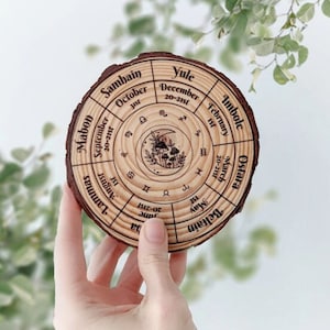 Wheel of the year plaque - XL wood slice holiday decoration - witchy Celtic altar tile