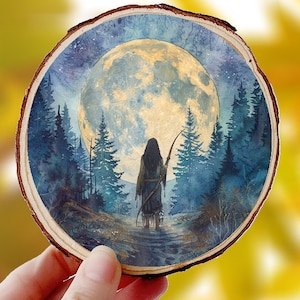Hunter's Moon Plaque - October Full Moon Altar Tile Wood Slice Witchy Decor Wall Art