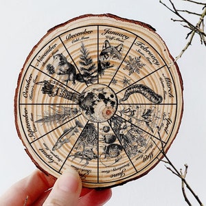 Full Moons Wheel of the year plaque - XL wood slice holiday decoration - witchy Celtic altar tile