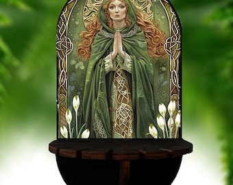 Estante para altar Brigid: Exhibidor de madera celta irlandés de estilo brujo para cristales y velas.