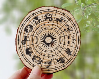 Zodiac Wheel board - XL wood slice holiday decoration - witchy astrology new age - 14cm (5")