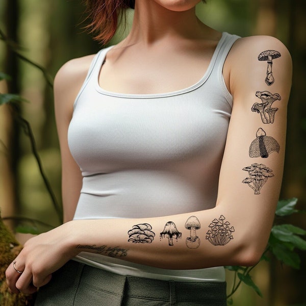 Mushroom temporary tattoos - 2 sizes - Fungi, fungus - stinkhorn, morel, ink cap, mycenae, amanita muscaria, chanterelles, oysters