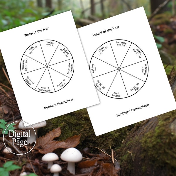 Make your own Wheel of the Year - blank Template, digital page printable pdf, editable psd file - witchy celtic- both Hemispheres