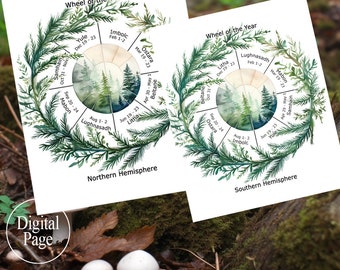 May include: A watercolor illustration of the Wheel of the Year, a pagan calendar, with a green and brown color scheme. The illustration depicts a circle divided into eight sections, each representing a different season or festival. The text on the wheel includes the names of the festivals, such as Yule, Imbolc, Ostara, Beltane, Litha, Lughnasadh, Mabon, and Samhain. The illustration is labeled "Northern Hemisphere" and "Southern Hemisphere".