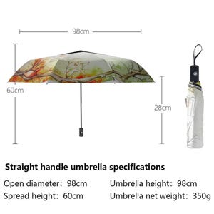 K&ouml;nnte beinhalten: Ein Regenschirm mit geradem Griff und einem Design zum Thema Natur. Der offene Durchmesser betr&auml;gt 98 cm, und die Spreizh&ouml;he betr&auml;gt 60 cm. Die Schirmh&ouml;he betr&auml;gt 98 cm, und das Nettogewicht betr&auml;gt 350 g. Die Spezifikationen sind abgebildet.