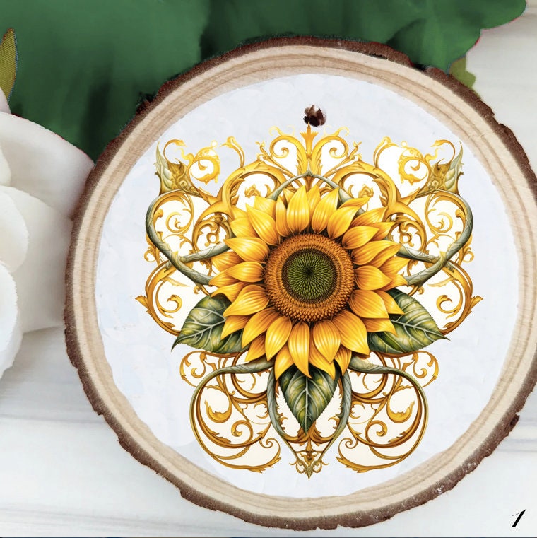 Litha ornament - large wood slice - midsummer abundance festival - summer solstice, sunflowers and bees - witchy celtic