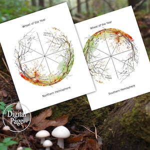 May include: Two white paper prints featuring a circular design labeled "Wheel of the Year." Each print displays seasonal dates and names, with one labeled "Northern Hemisphere" and the other "Southern Hemisphere." The prints are set against a natural, forest-like background.