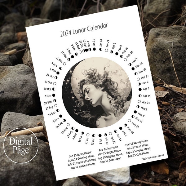 2024 Mondkalender - digitale Seite, druckbare Pdf-Datei - Mondphasen witchy moon Mädchen