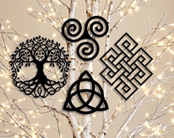 Steel Celtic Ornament Set: Tree of Life, Triskelion, Triquetra, Eternal Knot for Yule/Christmas