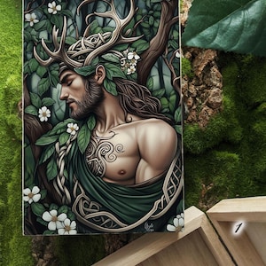 May include: A painting of a man with antlers and a green leafy crown. He is wearing a green robe and has a tattoo on his chest. The background is a dark forest with white flowers.