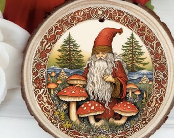 Mushroom Santa ornament - large wood slice for Yule/Christmas