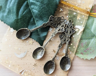 Tiny herbal spoons set with bag - sets of 4 - cute mini witchy salt cellar spoons pendants - bronze copper silver gold