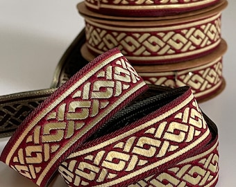 Medieval jacquard embroidered Celtic braid trim, burgundy and gold, 22 mm, medieval Celtic ribbon, embroidered border, Celtic braid