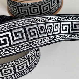 Medieval braid, Greek key pattern braid 35 mm, medieval embroidered jacquard ribbon, black and metallic jacquard woven ribbon,
