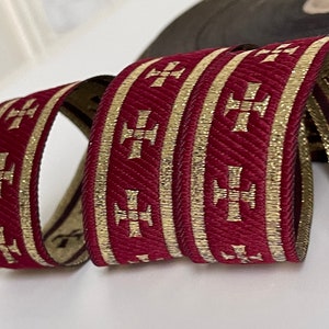 Liturgical gold cross ribbon on burgundy background liturgical border gold cross ribbon 28 mm burgundy and gold Church braid ecclesiastical ribbon image 5