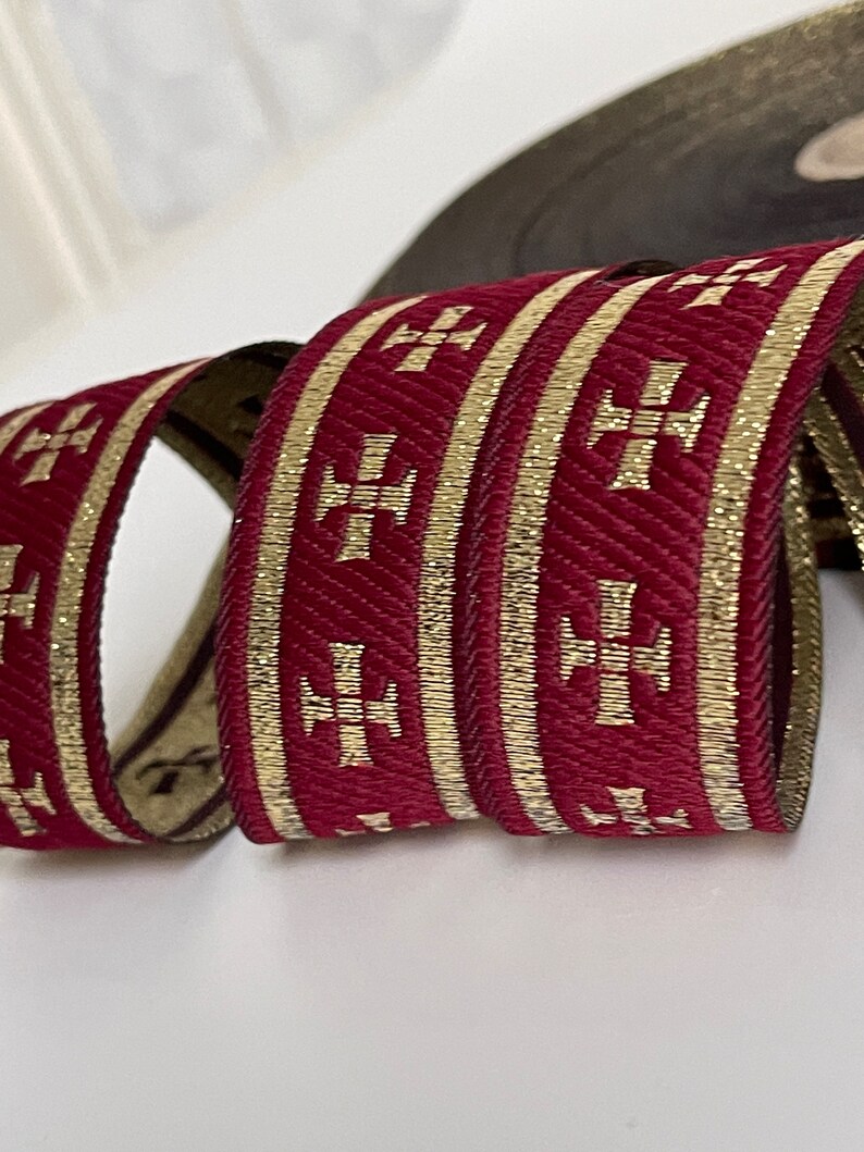 Liturgical gold cross ribbon on burgundy background liturgical border gold cross ribbon 28 mm burgundy and gold Church braid ecclesiastical ribbon image 5