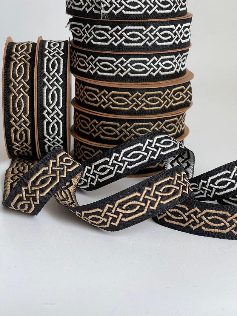 Medieval braid Celtic braid pattern medieval ribbon 20 mm black and gold jacquard embroidered braid black and silver medieval border image 9