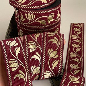 Medieval braid tulip patterns theatrical ribbon 35 mm burgundy and gold medieval braid jacquard embroidered ribbon medieval woven border image 5