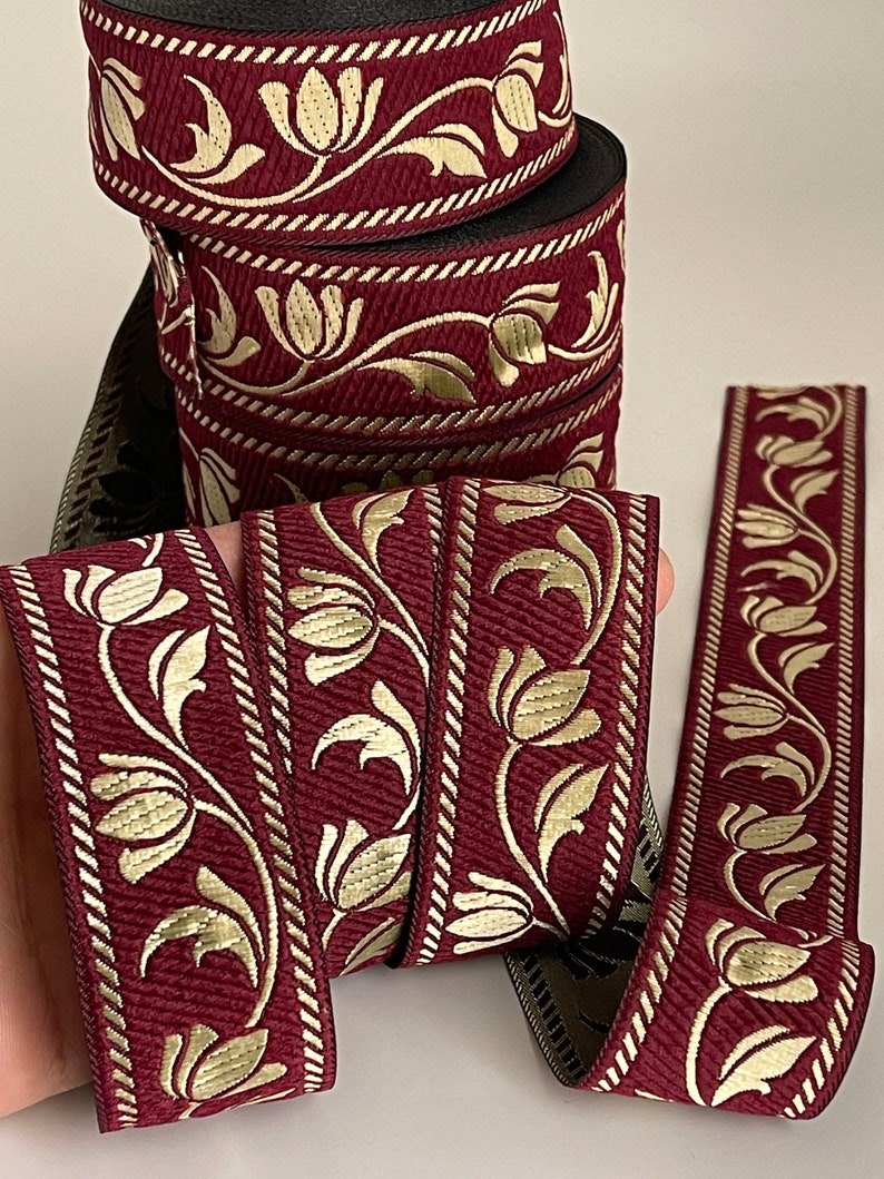 Medieval braid tulip patterns theatrical ribbon 35 mm burgundy and gold medieval braid jacquard embroidered ribbon medieval woven border image 5