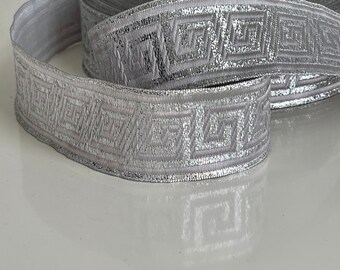 Medieval braid, Greek key pattern ribbon, 35mm ribbon, theatrical ribbon, metallic gray jacquard woven Greek key pattern braid