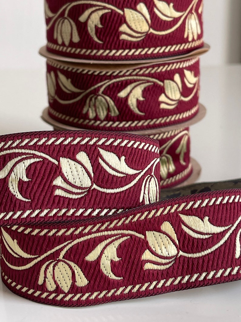 Medieval braid tulip patterns theatrical ribbon 35 mm burgundy and gold medieval braid jacquard embroidered ribbon medieval woven border image 2