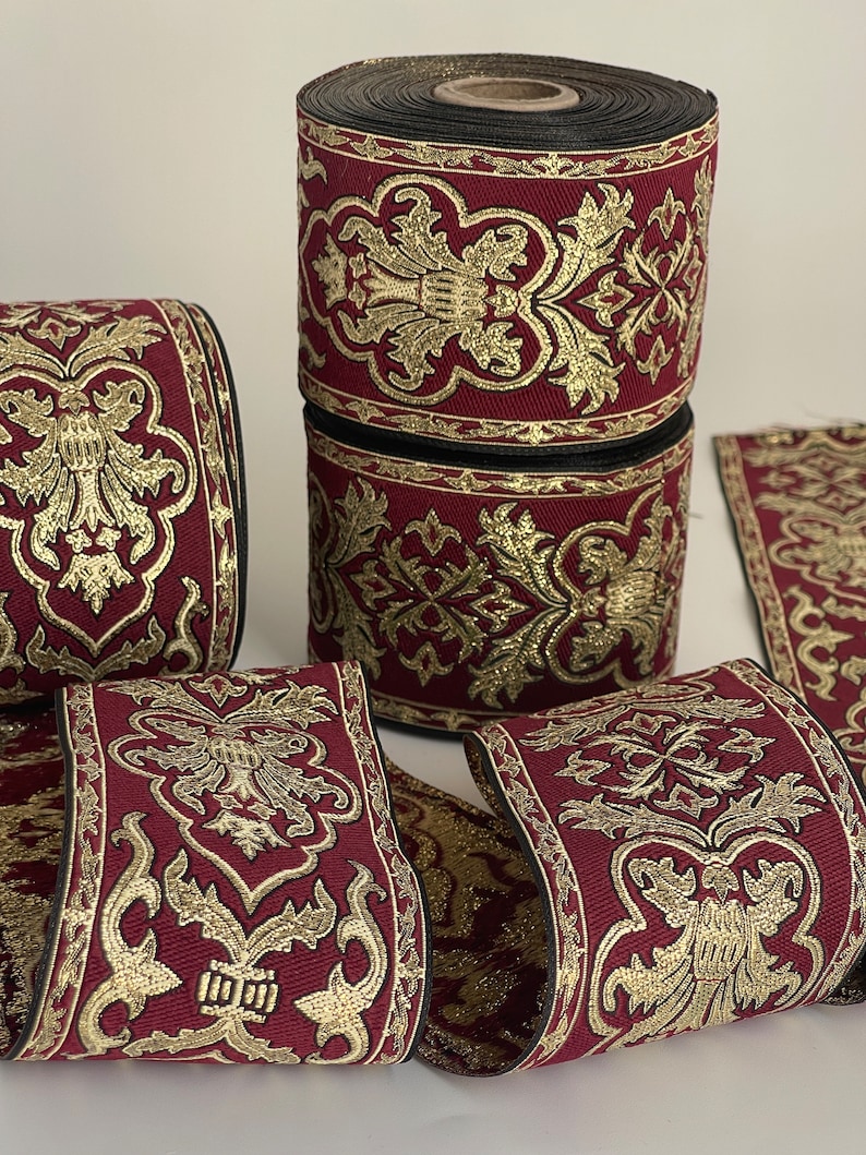 Galon médiéval brodé jacquard bordeaux et doré bordure médiévale style royal edouardien ruban tissé style jacquard ruban théâtral 70 cm image 1