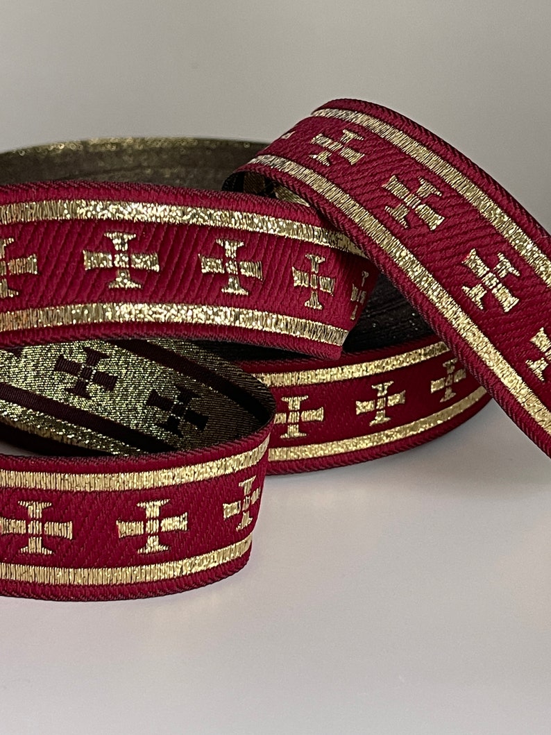 Liturgical gold cross ribbon on burgundy background liturgical border gold cross ribbon 28 mm burgundy and gold Church braid ecclesiastical ribbon image 2