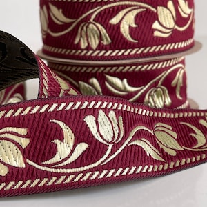Medieval braid tulip patterns theatrical ribbon 35 mm burgundy and gold medieval braid jacquard embroidered ribbon medieval woven border image 1