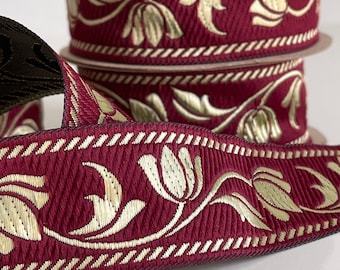 Medieval braid tulip patterns theatrical ribbon 35 mm burgundy and gold medieval braid jacquard embroidered ribbon medieval woven border