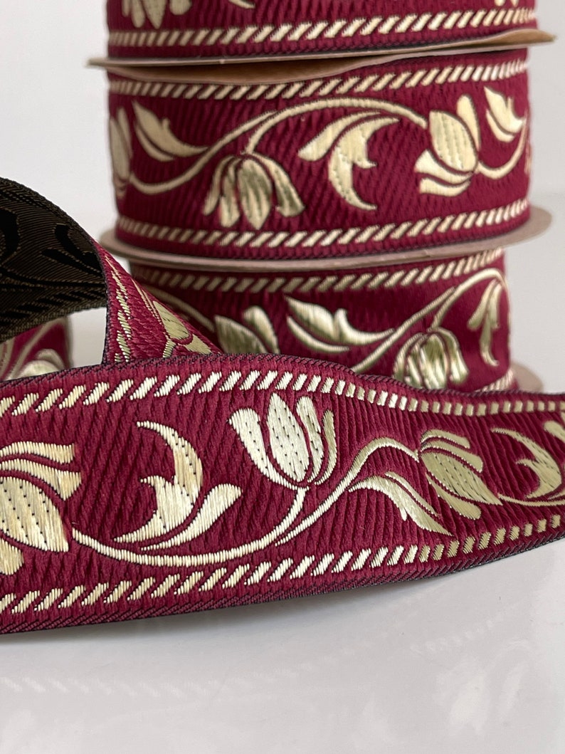 Medieval braid tulip patterns theatrical ribbon 35 mm burgundy and gold medieval braid jacquard embroidered ribbon medieval woven border image 1