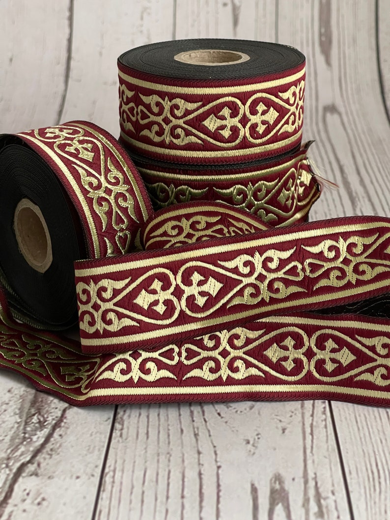 Medieval Jacquard Embroidered Ribbon, Burgundy and Gold, Medieval ...